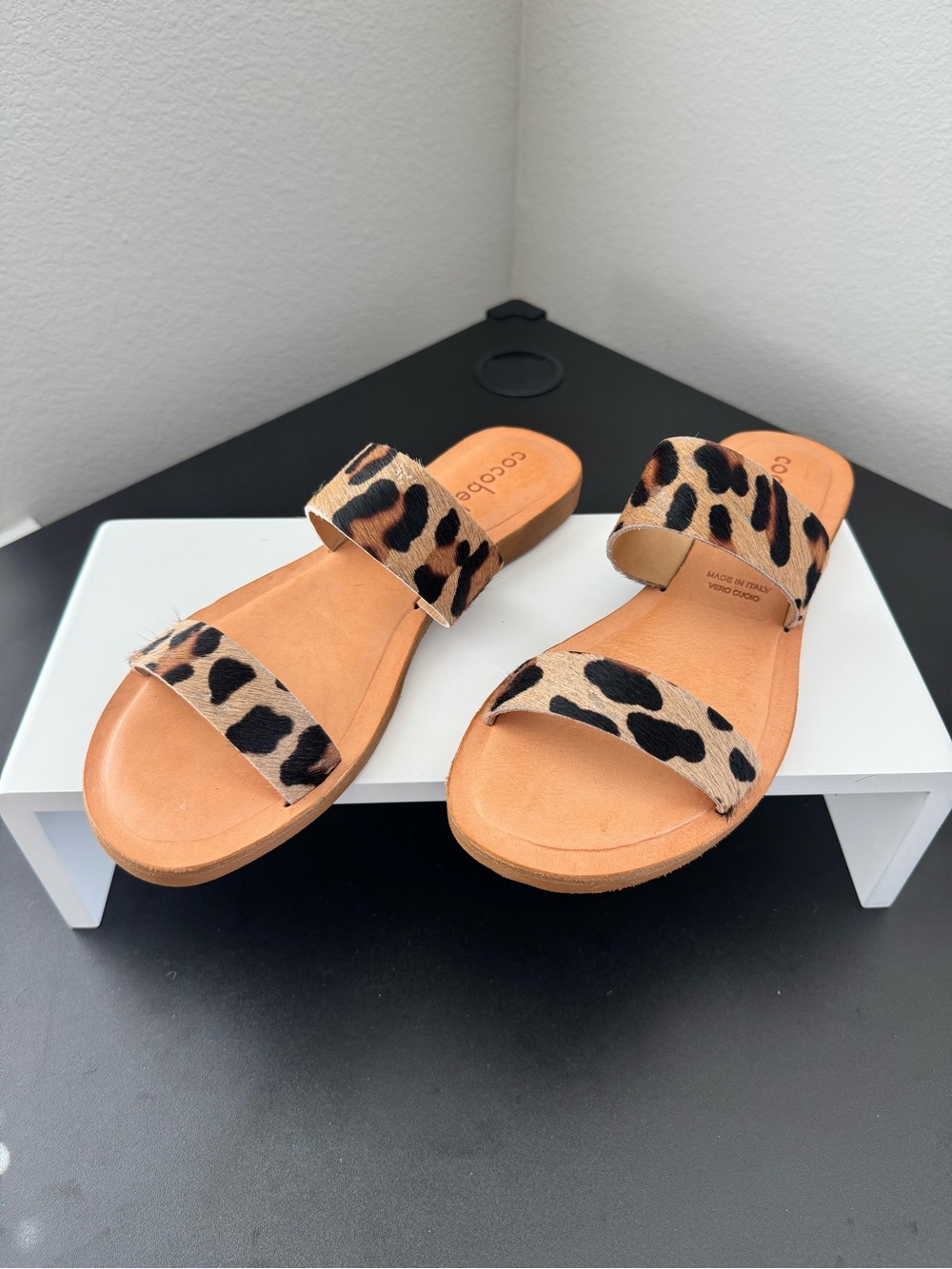 Cocobelle Leopard Print Double Strap Slide Sandals - Tan/Black